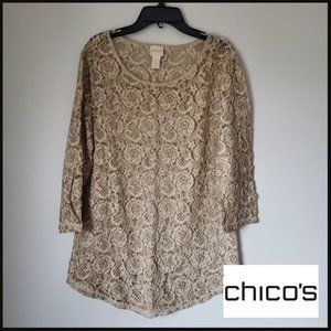 CHICO's Lace Tunic Top 3/4 sleeve Lightweight Neutral Layering Top All Season